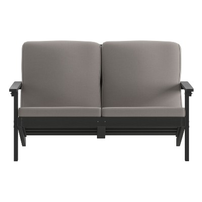 Black Poly Resin Wood Adirondack Patio Loveseat with Cushions