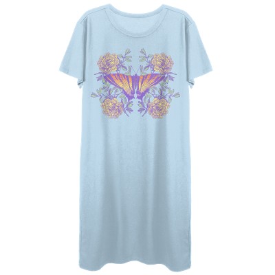 Vintage Floral Gradient Butterfly Crew Neck Short Sleeve Light Blue ...