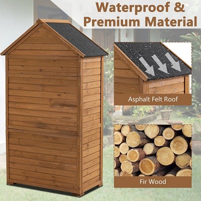 Brown Fir Wood Outdoor Storage Cabinet with Shelves and Lock