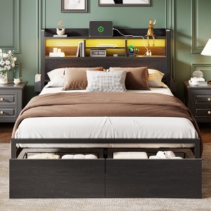 Furnulem Queen Size Bed Frame with Wooden Headboard and Shelves Metal Platform Bed Frame with Storage Drawers LED Lights and Charging Station Black - 1 of 4