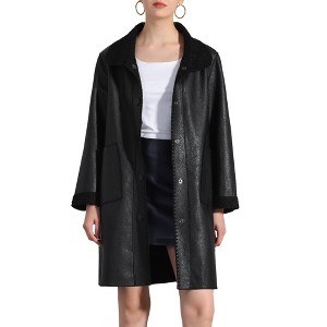 Allegra K Women's Faux Leather Button Up Collar Classic Winter Mid Long Coat - 1 of 4