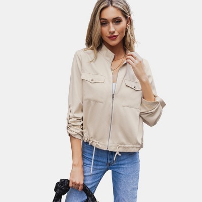 Women's Beige Long Sleeve Front Zipper Jacket - Cupshe