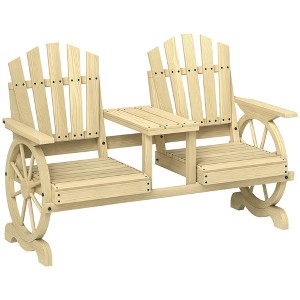 Outsunny Wooden Garden Bench with Table, Umbrella Hole, 2-Seat Wagon Wheel Outdoor Bench, High Backrest, Armrests for Backyard, Patio - 1 of 4