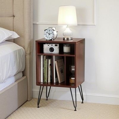 MAYEERTY Black Walnut Record Player Stand with Metal Legs, Vinyl Cabinet for Living Room
