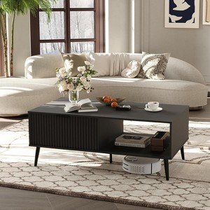 Armhouse Coffee Table with Storage,41.34" Modern Tea Table with Sliding Wave Doors - 1 of 4