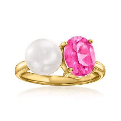 Ross-Simons 7.5-8mm Cultured Pearl and 2.40 Carat Pink Topaz Toi Et Moi Ring in 18kt Gold Over Sterling