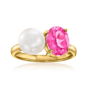 Ross-Simons 7.5-8mm Cultured Pearl and 2.40 Carat Pink Topaz Toi Et Moi Ring in 18kt Gold Over Sterling - 1 of 4