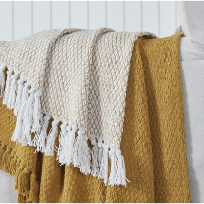 Kate Aurora Chic Living 2 Pack Golden Yellow Yarn Dyed Woven & Fringed Coordinating Ultra Soft Accent Throw Blanket Set - 50 in. W x 60 in. L