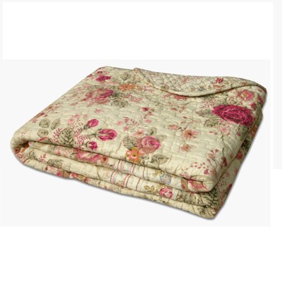 Classic Garden Rose Quilted Throw in Ecru Cotton 50"x60"