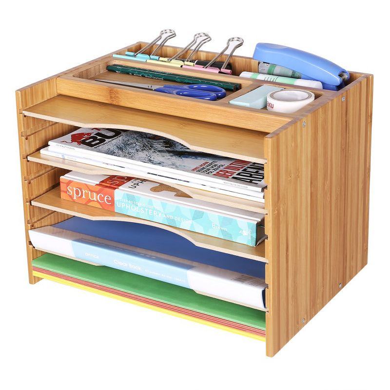 SONGMICS Bamboo File Organizer Paper Sorter with 5 Adjustable Shelves Top Storage Compartments Natural, 3 of 7