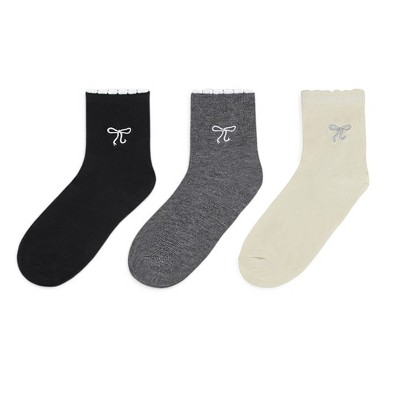 Alilang Women's 3-Pack Soft Knit Ankle Socks with Scalloped Trim and Embroidered Bow Detail