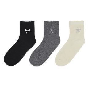 Anna-Kaci Women's Ankle Socks 3-Pack with Scalloped Cuff and Bow Embroidery in Neutral Tones - 1 of 4