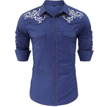 Men's Western Cowboy Shirt Long Sleeve Cotton Embroidered Casual Button Down Work Shirt with Pockets