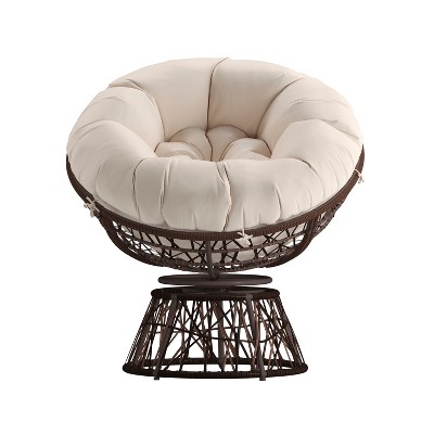 360° Swivel Patio Chair with Beige Cushion and Brown Metal Frame