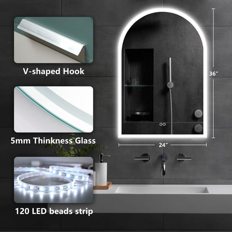 Neutypechic LED Wall Mounted Mirror with Anti-Fog Modern Arched Bathroom Vanity Mirror, 4 of 9