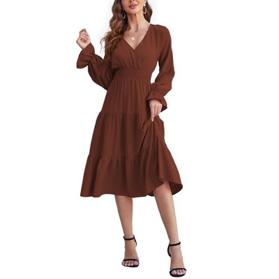 Women's Casual Wrap V Neck Midi Dress Long Sleeve Smocked Waist Tiered A Line Pleated Flowy Long Dress