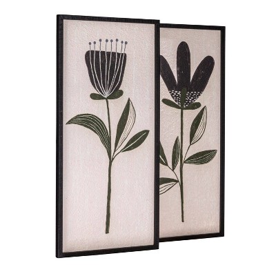 Black and Green Botanical Flower Prints on Canvas with Wood Frame, 30" Set of 2