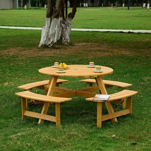 VisioGear Patio Picnic Table, 8 Person Round Picnic Table with 4 Built-in Benches, Picnic Table with Umbrella Hole, Yellow, 70.08"*70.08"*27.17" - 1 of 4