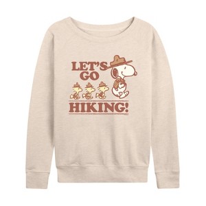 Women's - Peanuts - Lets Go Hiking Lightweight French Terry Wide Neck Long Sleeve Graphic Shirt - 1 of 4