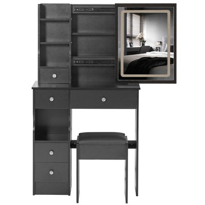 Sapphtopaz Makeup Vanity Desk with Right Sliding Mirror, Makeup Table with Left Drawers & Cushioned Stool, Multi Layer Storage Dresser For Bedroom