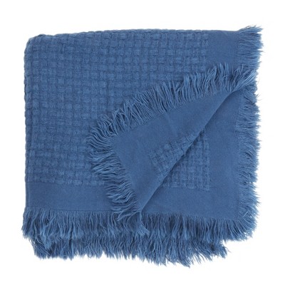 Navy Blue Cotton Waffle Weave Throw Blanket with Fringe