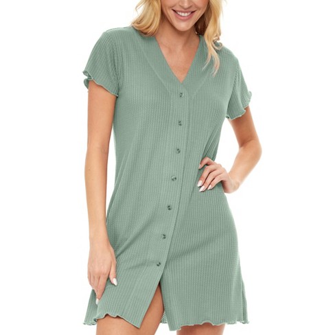 Adr Women's Short Sleeve Ribbed Knit Nightshirt, Button Up V-neck Sleepshirt,  Pajama Thermal Underwear Top Sage X Large : Target