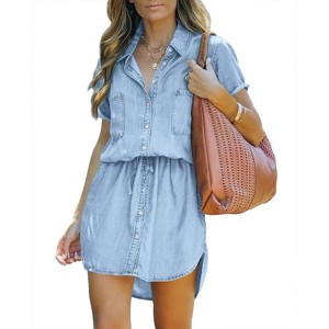 Imily Bela Flattering Tie Waist Denim Shirt Dress Summer Short Sleeve Casual Jean Dress for Women - 1 of 4