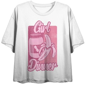 Girl Dinner Banana & Peanut Butter Crew Neck Short Sleeve Women's White Crop Top - 1 of 3