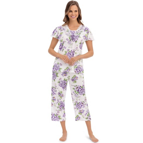 Soft Floral Pattern Print Knit 2-Piece Capri Pajama Set