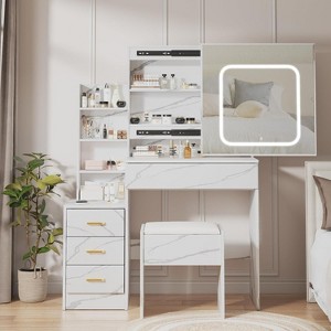 Vanity Desk with Sliding Mirror and Lights, Makeup Vanity Set with Drawers, Stool, Open Shelves, 3 Color Lighting Modes, Brightness Adjustable - 1 of 4