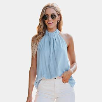 Women's Baby Blue Pleated Sleeveless Top - Cupshe