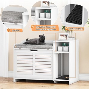 Cat Litter Box Enclosure with top opening and cushion. Modern wood design hides litter box and doubles as a nightstand with scratch pad. - 1 of 4