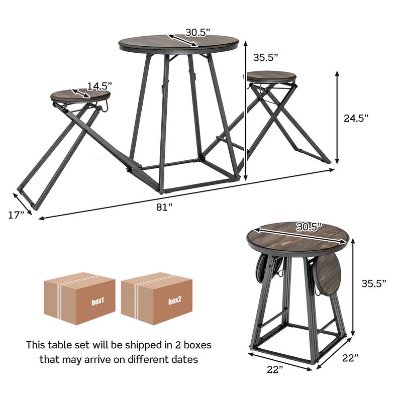 Costway 3-Piece Bar Table Set Round Pub Dining Table & 2 Foldable Stools w/ Metal Frame, 4 of 11