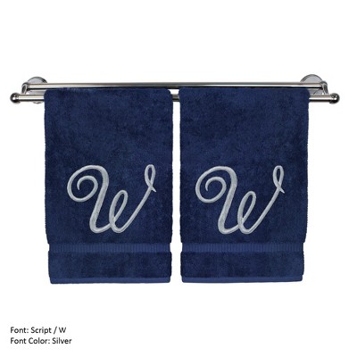 BC BARE COTTON Monogrammed Washcloth Towel, Personalized Gift, 13x13 Inches - Set of 2 - Navy - Silver Script
