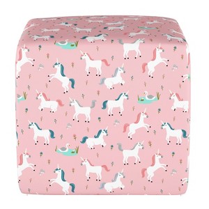 Kids Upholstered Cube Ottoman - Pink Unicorns - Pillowfort