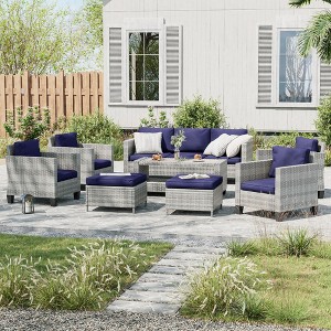 Sonkuki 8-Piece Rattan Patio Furniture Set Coversation Set Outdoor Sofa Couch w/ Chairs, Side Table and Ottoman, Navy Blue Cushion - 1 of 4