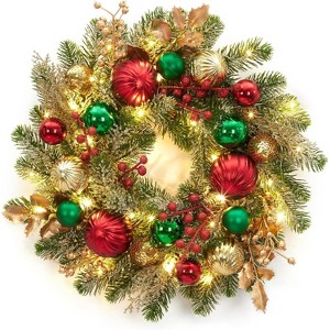 16" Prelit Christmas Wreath for Front Door, Artificial Xmas Wreath with Red Green Gold Ball Ornaments, for Indoor Outside Fireplace Window Decor - 1 of 4