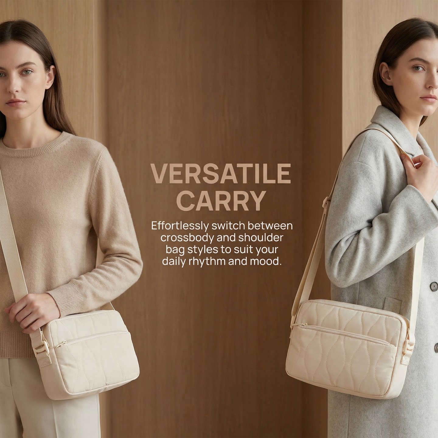 Сумки INSPIRE CHIC 2 Packs Crossbody for Women Travel Purse Puffy Shoulder Handbag with Adjustable Strap Beige/Black 9.4*2.4*6.1 inches, цвет: Бежевый — фото 2