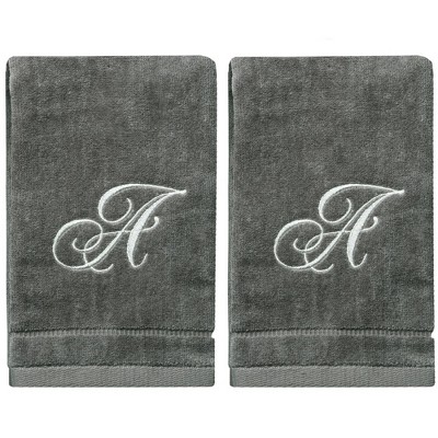 Creative Scents Gray Fingertip Monogrammed Towels Silver Embroidered