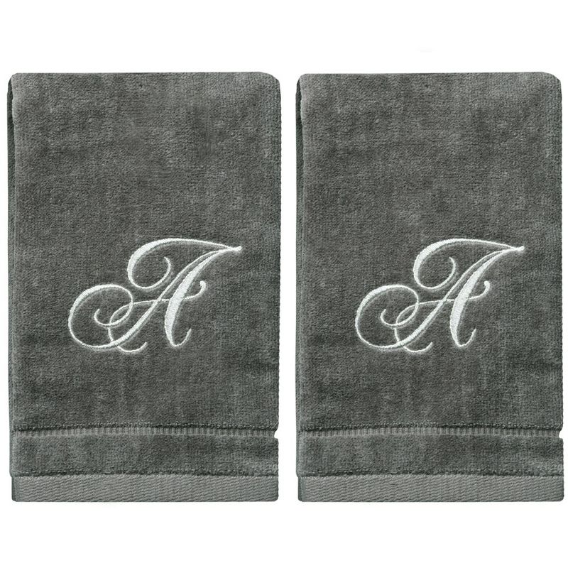 Creative Scents Gray Fingertip Monogrammed Towels Silver Embroidered, 1 of 8