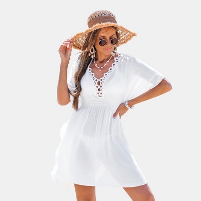Women's Breezy White Beach Cover Up Dress with Crochet Details - Cupshe-M-White