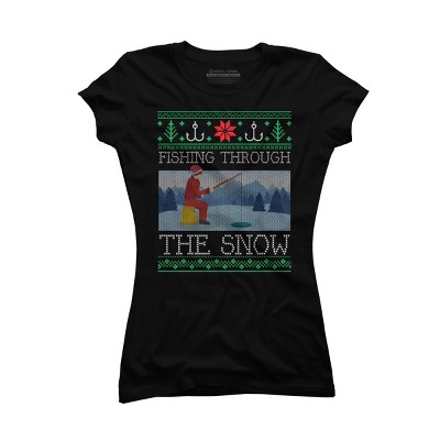 Junior's Design By Humans Christmas Ice Fishing Through Snow Fishing Ugly Christmas Sweate By pahari T-Shirt
