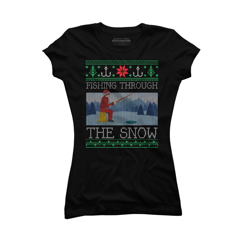 Junior's Design By Humans Christmas Ice Fishing Through Snow Fishing Ugly Christmas Sweate By pahari T-Shirt, 1 of 4