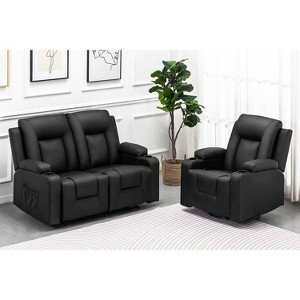 2+1 Bonded PU Leather Recliner Sofa Set Black - COMHOMA: Metal Frame, Abstract Pattern, Futon Set - 1 of 4