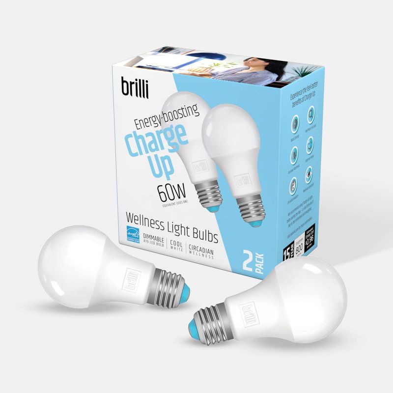 Brilli 2pk A19 60W Charge Up Energy-Boosting Dimmable LED Light Bulbs White, 1 of 13