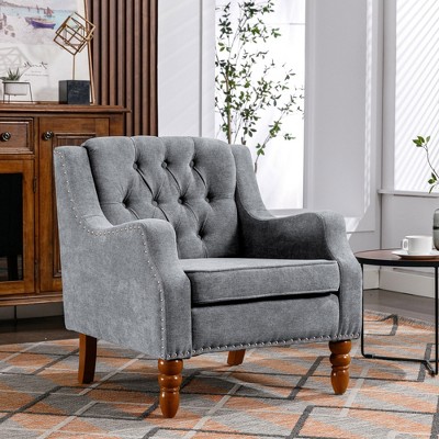 Mid-Century Modern Accent Chair with Nailhead Trim, Comfy Reading Chair Button Tufted Upholstered Armchair with Solid Wood Legs - ModernLuxe