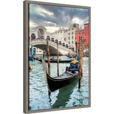 Framed Vertical Cityscape Canvas Print with Gondolas and Bridge, 16 x 23 inches