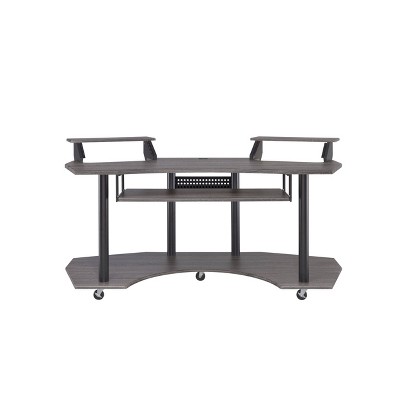 Eleazar Black Oak Studio Desk with Keyboard Tray and Speaker Stands