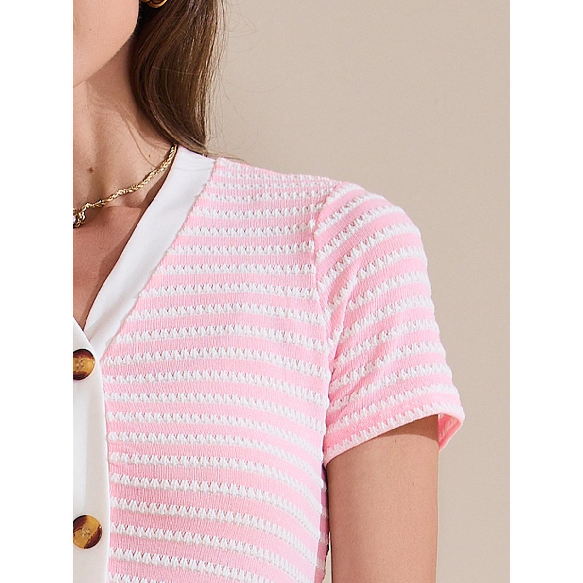 Женские платья INSPIRE CHIC Women's Button Down V-Neck Short Sleeve Striped Ribbed Knit Midi Dresses X-Small Pink — фото 5