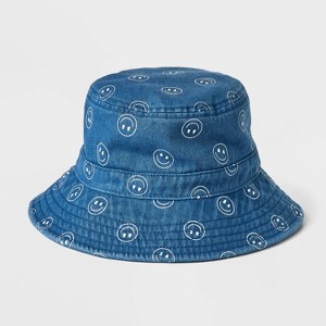 Girls' Denim Bucket Hat with Smileys - Cat & Jack™: Kids Woven Emoji Pattern, Lightweight, Pull-On - 1 of 3